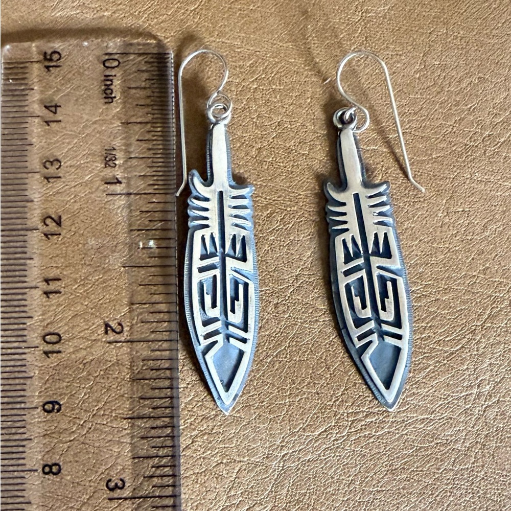 Native Signed Sterling Silver Feather Dangles - image 5